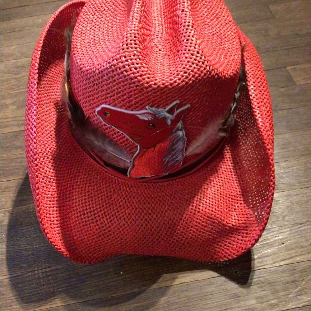 NEW! Vintage upcycled Peter Grimm Red Straw Cowboy Hat with Horse Patch - Picture 2 of 8
